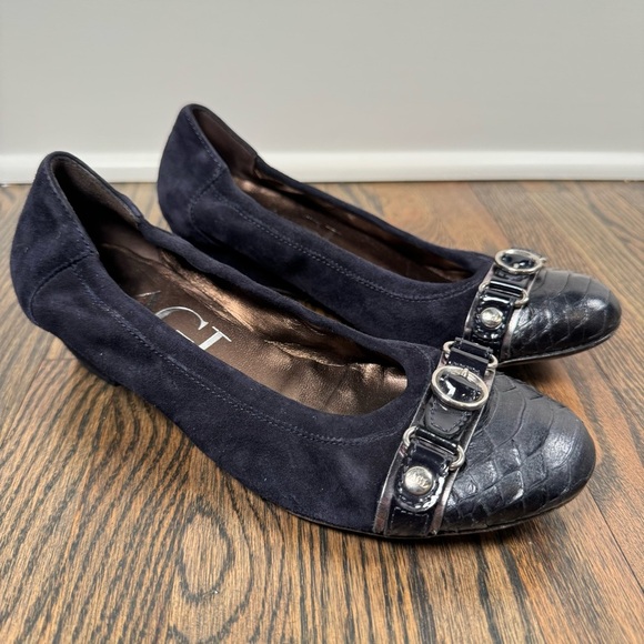 AGL Attilio Giusti Leombruni Navy Suede Ballet Low Wedge Cap Toe Flats size 37.5 - Picture 1 of 8